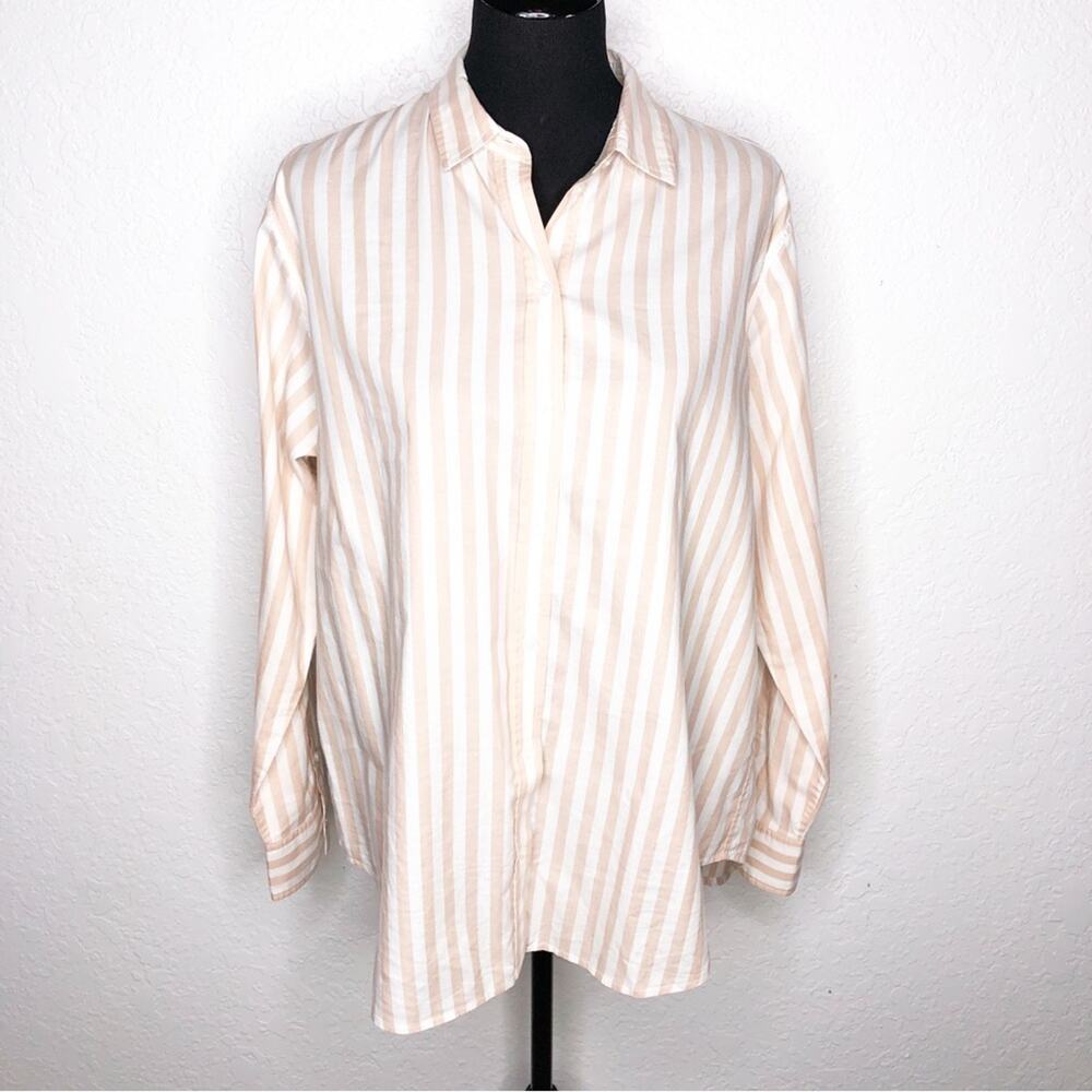 Everlane tan white striped button down long sleeve top size 14